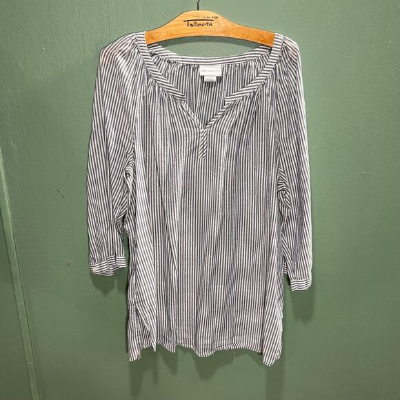 Liz Claiborne Navy White Striped Metallic Thread Tunic Top Size L Peasant Blouse - Picture 1 of 8